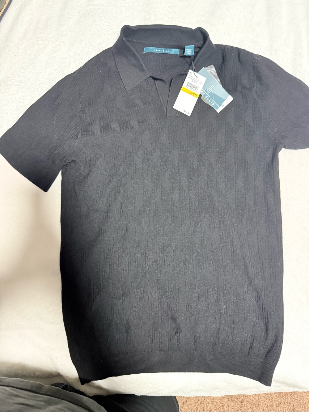 Perry Ellis Black Short-Sleeve Knit Johnny Collar Polo